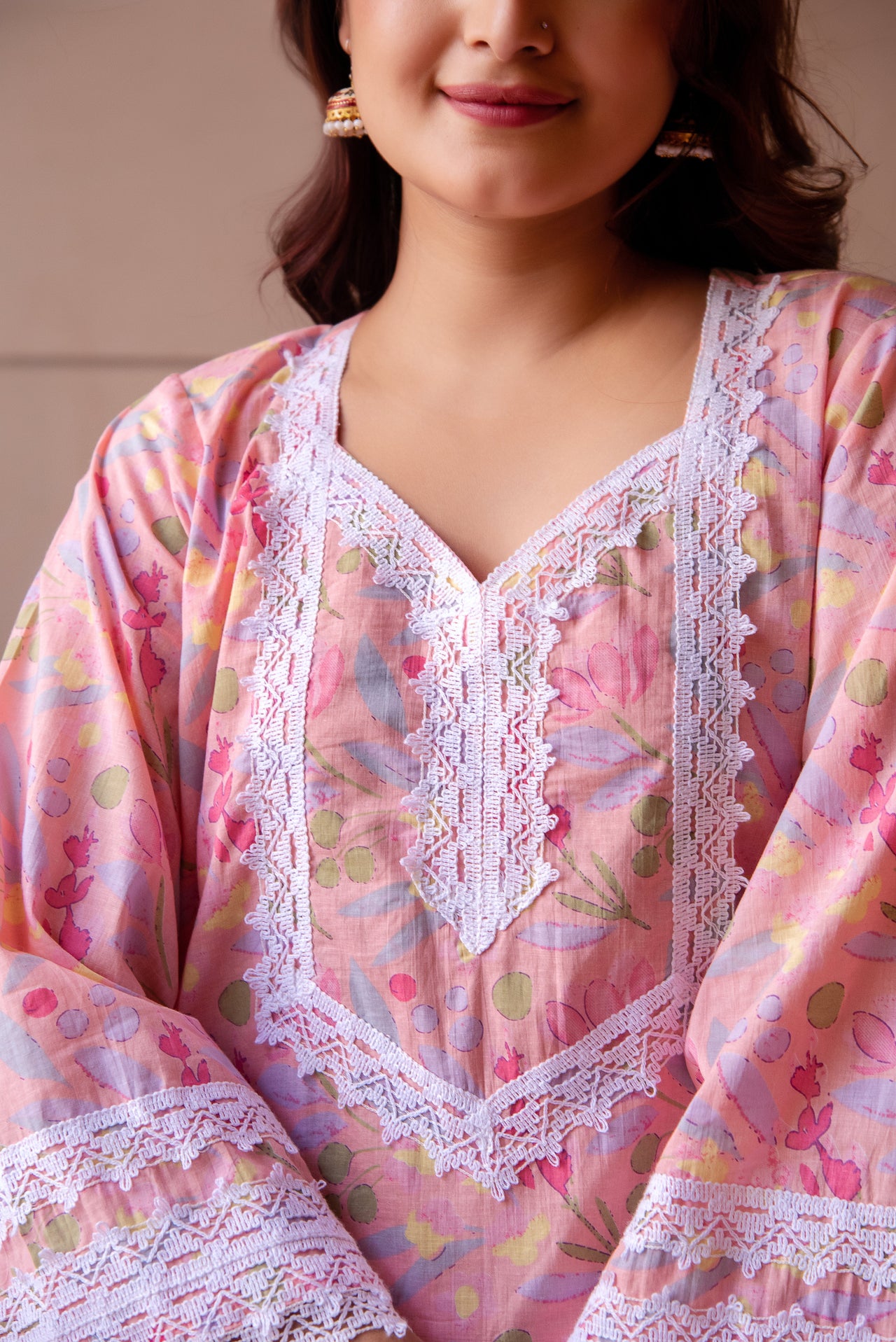 Pomcha Jaipur Kapas Pastel Peach Lace Suit Set