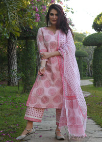 Thumbnail for NOZ2TOZ Women Pink And White Printed Viscose Rayon Kurta, Pant And Dupatta Set