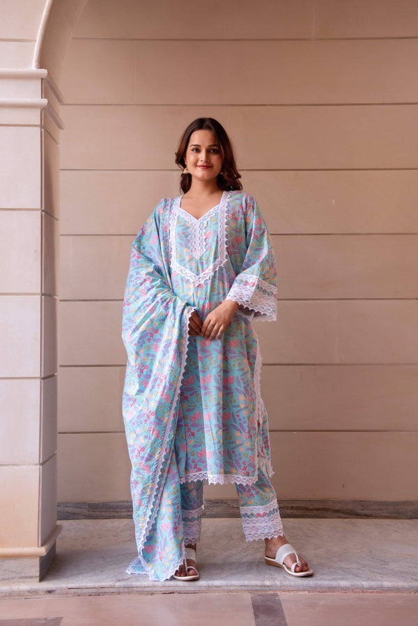 Pomcha Jaipur Kapas Pastel Blue Lace Suit Set - Distacart
