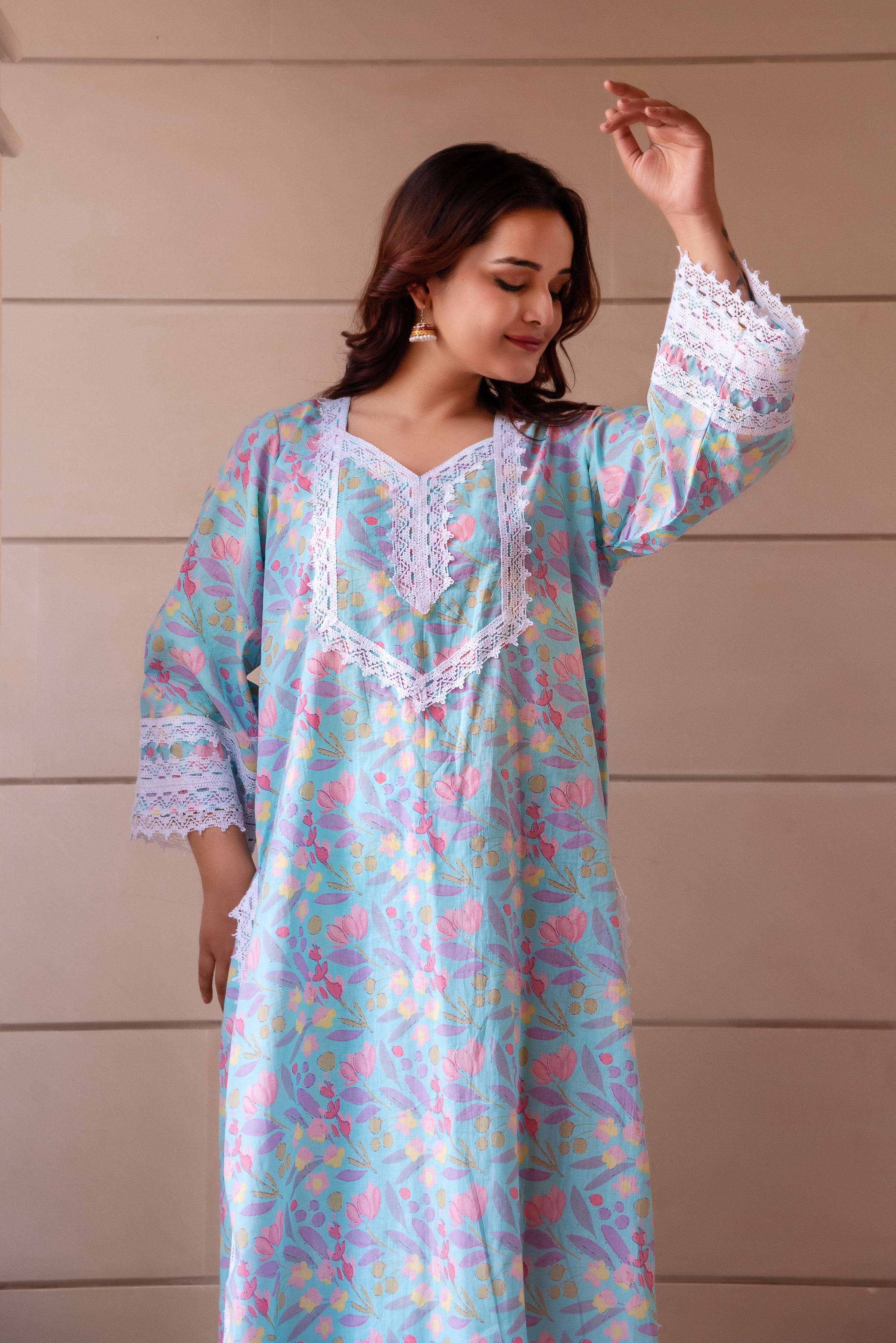 Pomcha Jaipur Kapas Pastel Blue Lace Suit Set - Distacart