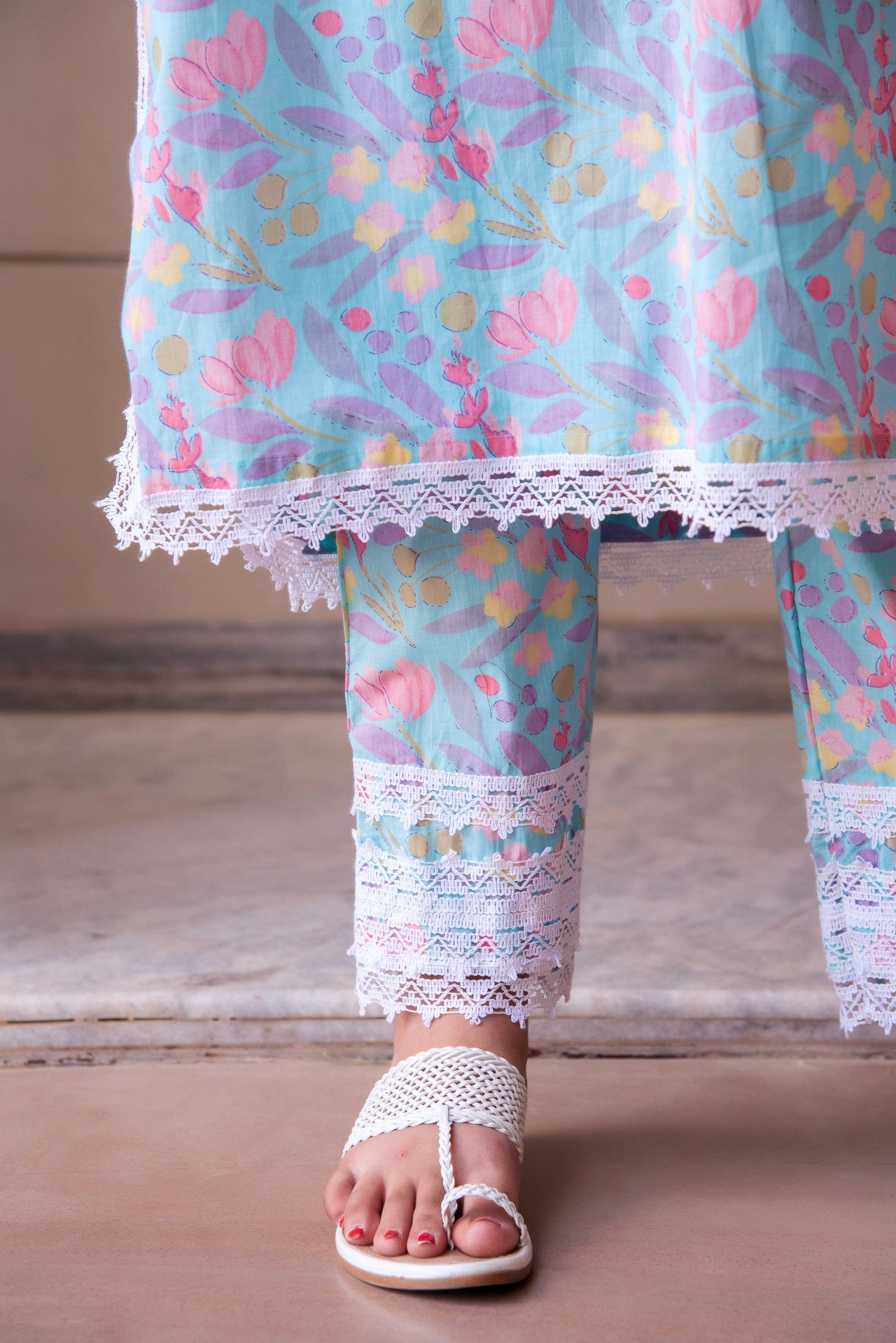 Pomcha Jaipur Kapas Pastel Blue Lace Suit Set