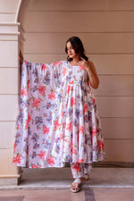 Thumbnail for Pomcha Jaipur Kapas Red Lilly White Sleeveless Anarkali Set - Distacart