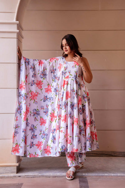 Pomcha Jaipur Kapas Red Lilly White Sleeveless Anarkali Set - Distacart