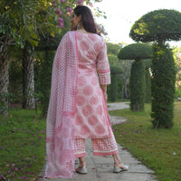 Thumbnail for NOZ2TOZ Women Pink And White Printed Viscose Rayon Kurta, Pant And Dupatta Set