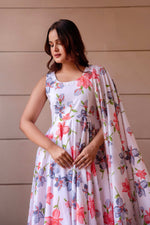 Thumbnail for Pomcha Jaipur Kapas Red Lilly White Sleeveless Anarkali Set - Distacart