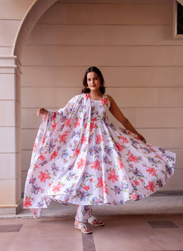 Pomcha Jaipur Kapas Red Lilly White Sleeveless Anarkali Set - Distacart