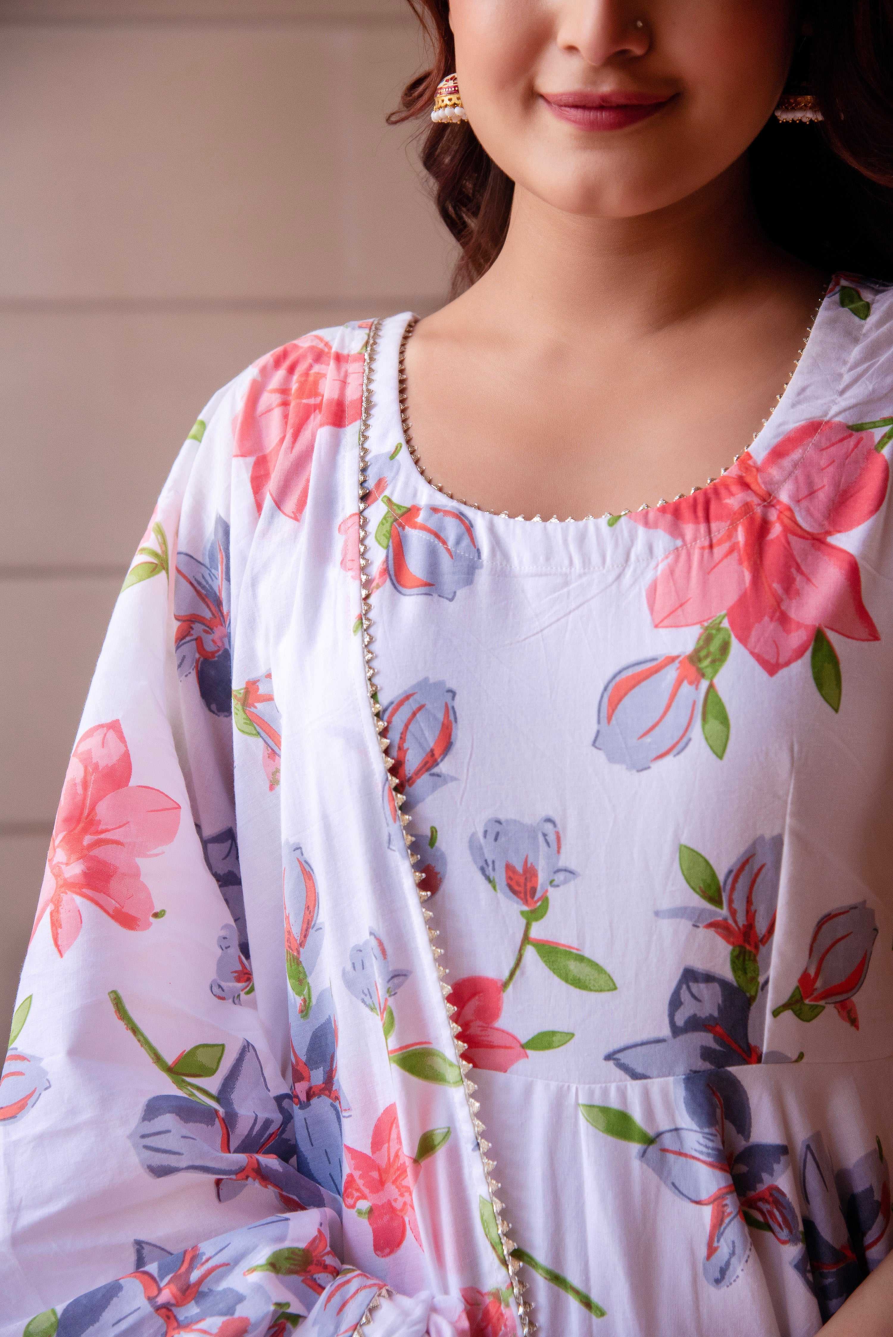 Pomcha Jaipur Kapas Red Lilly White Sleeveless Anarkali Set - Distacart