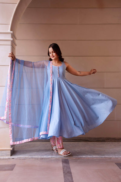 Pomcha Jaipur Kapas Powder Blue Printed Sleeveless Anarkali Set - Distacart