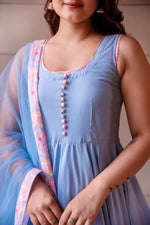 Thumbnail for Pomcha Jaipur Kapas Powder Blue Printed Sleeveless Anarkali Set - Distacart