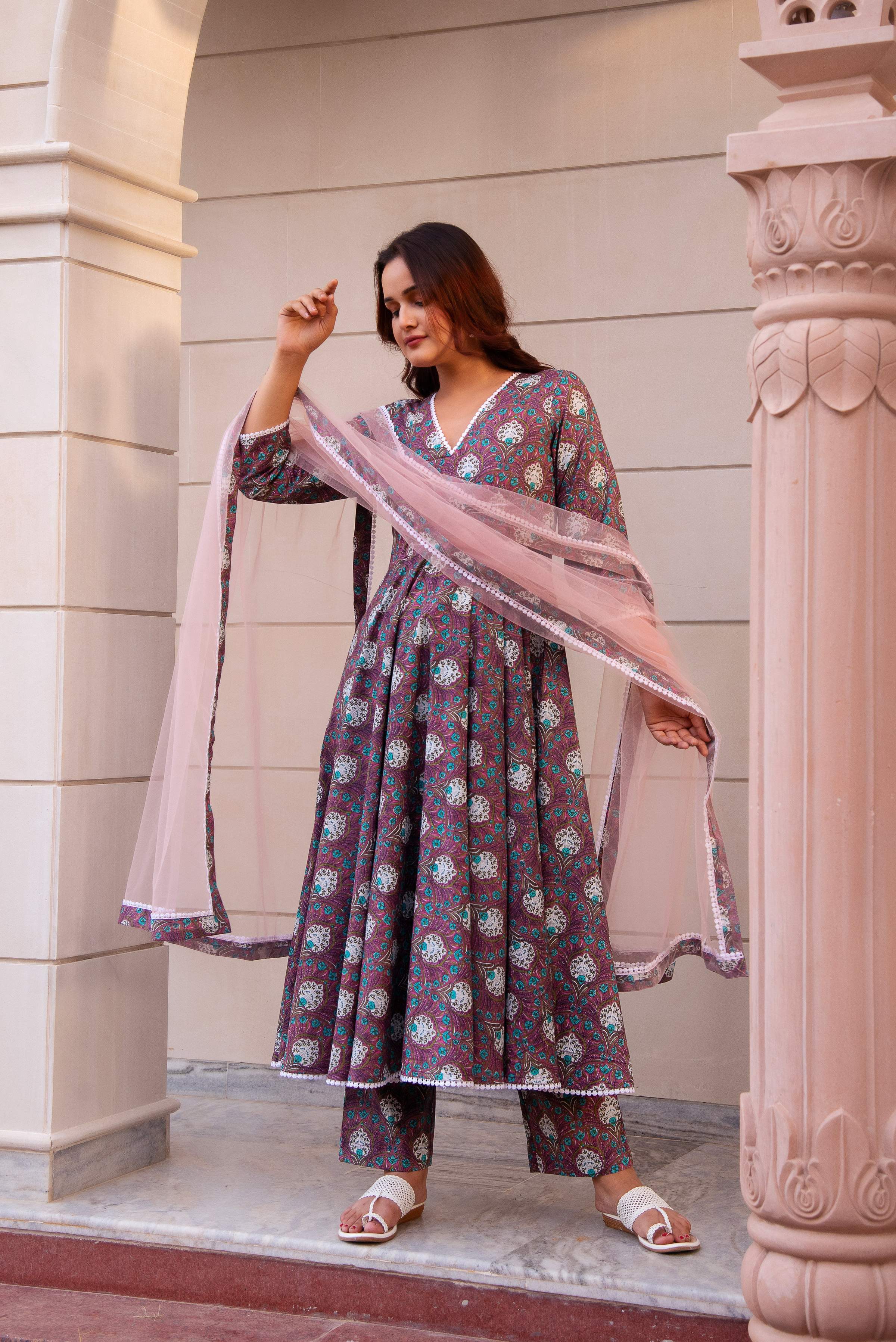 Pomcha Jaipur Kapas Purple Paisley Printed Lace Anarkali Set - Distacart