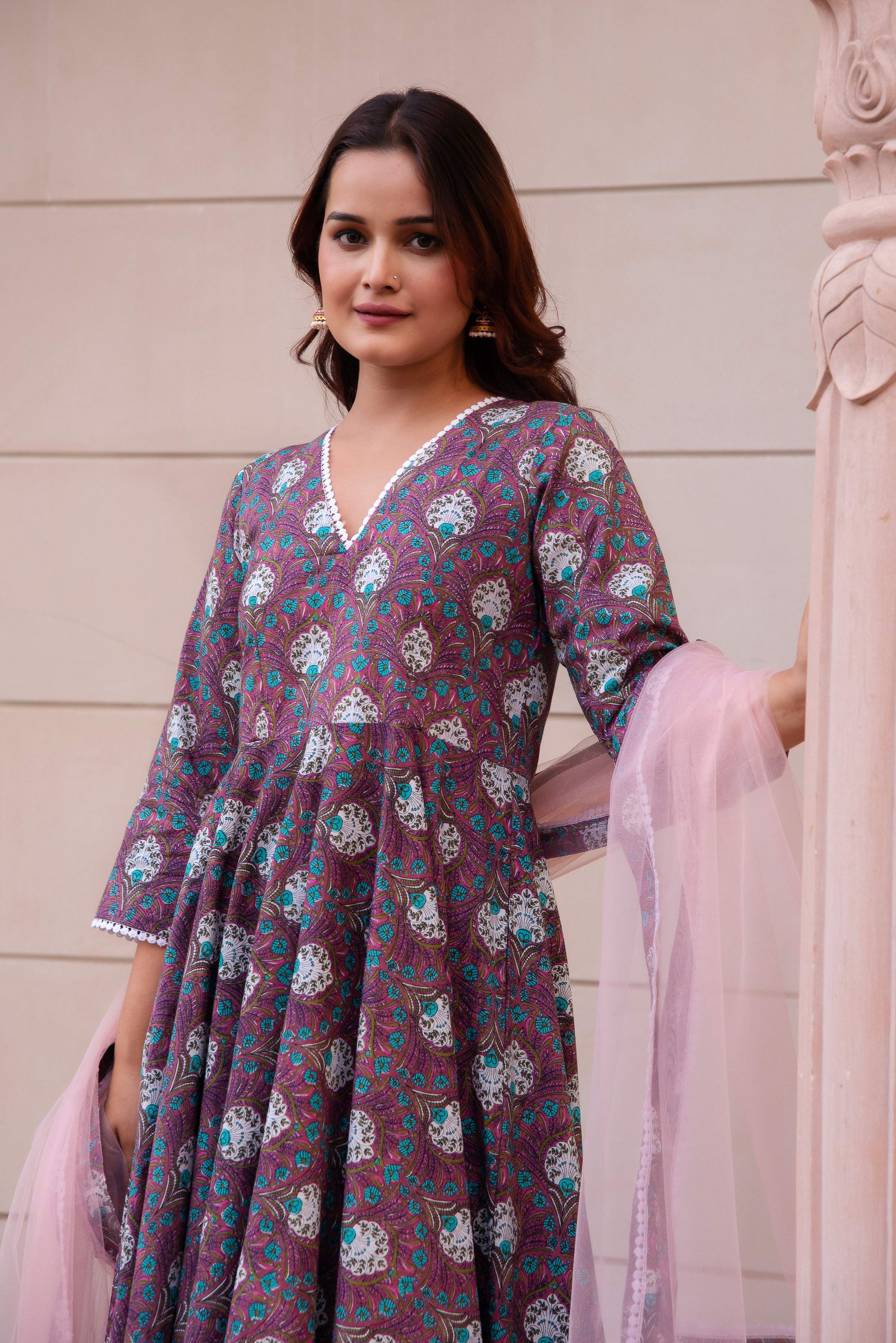 Pomcha Jaipur Kapas Purple Paisley Printed Lace Anarkali Set - Distacart