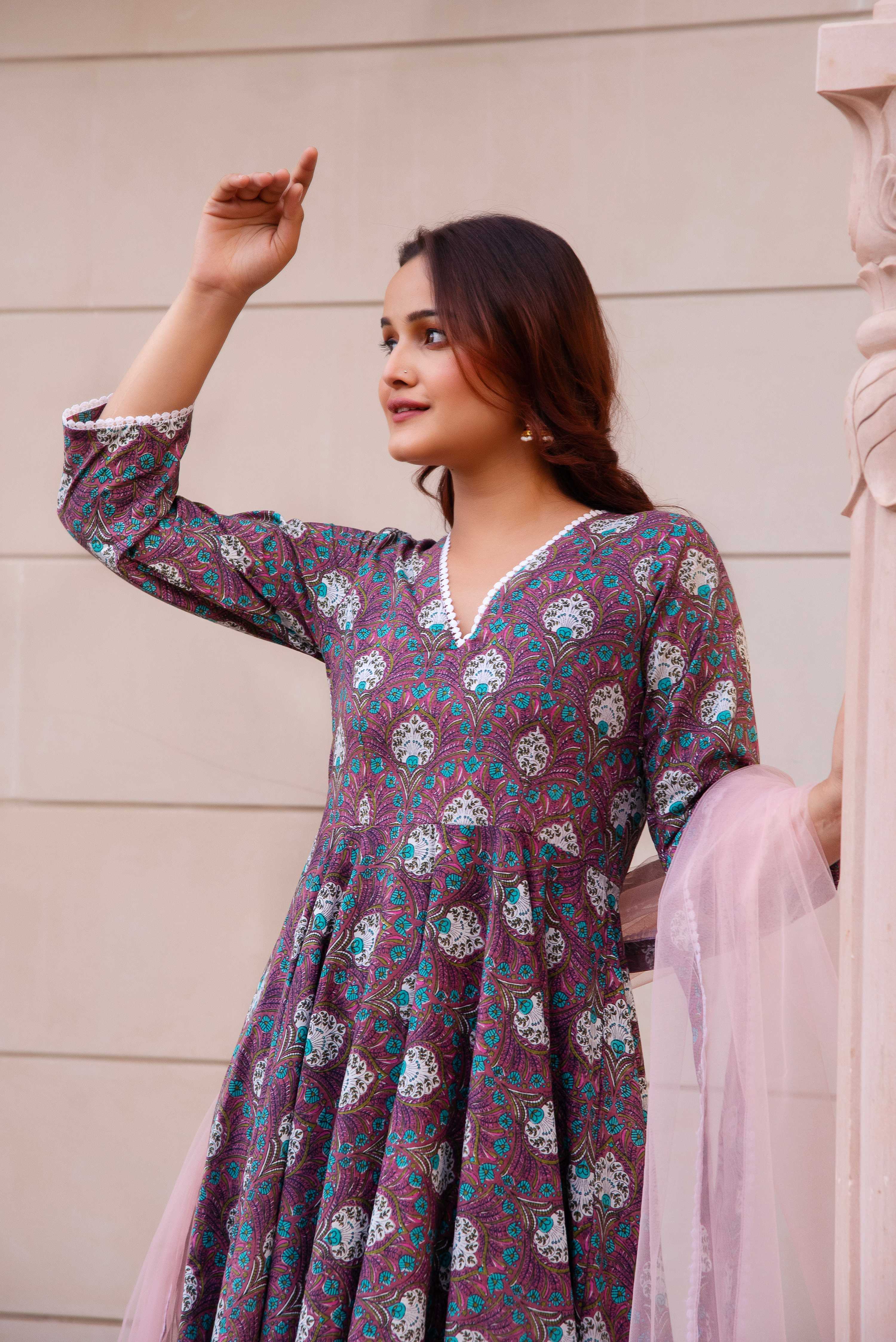 Pomcha Jaipur Kapas Purple Paisley Printed Lace Anarkali Set - Distacart