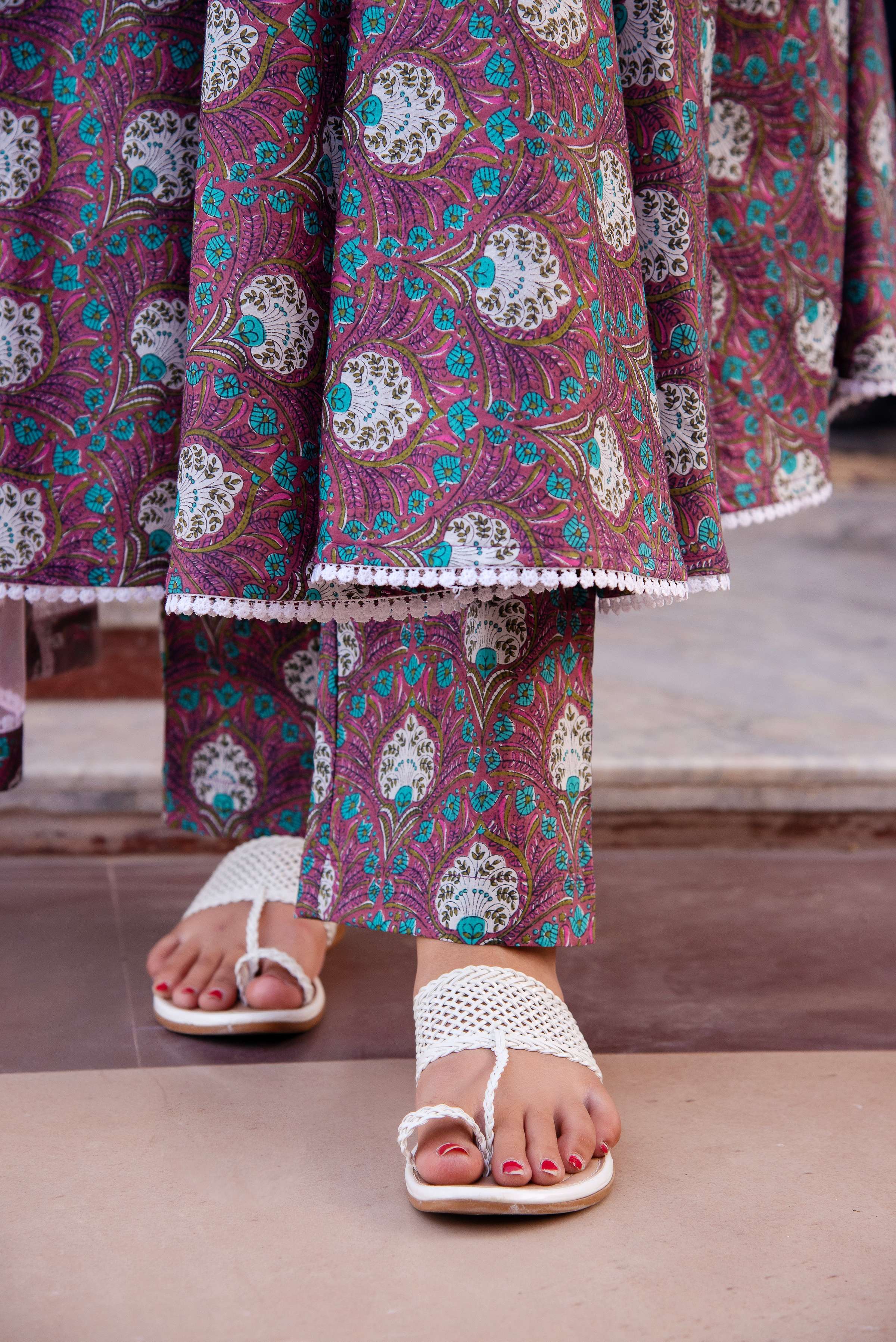 Pomcha Jaipur Kapas Purple Paisley Printed Lace Anarkali Set - Distacart