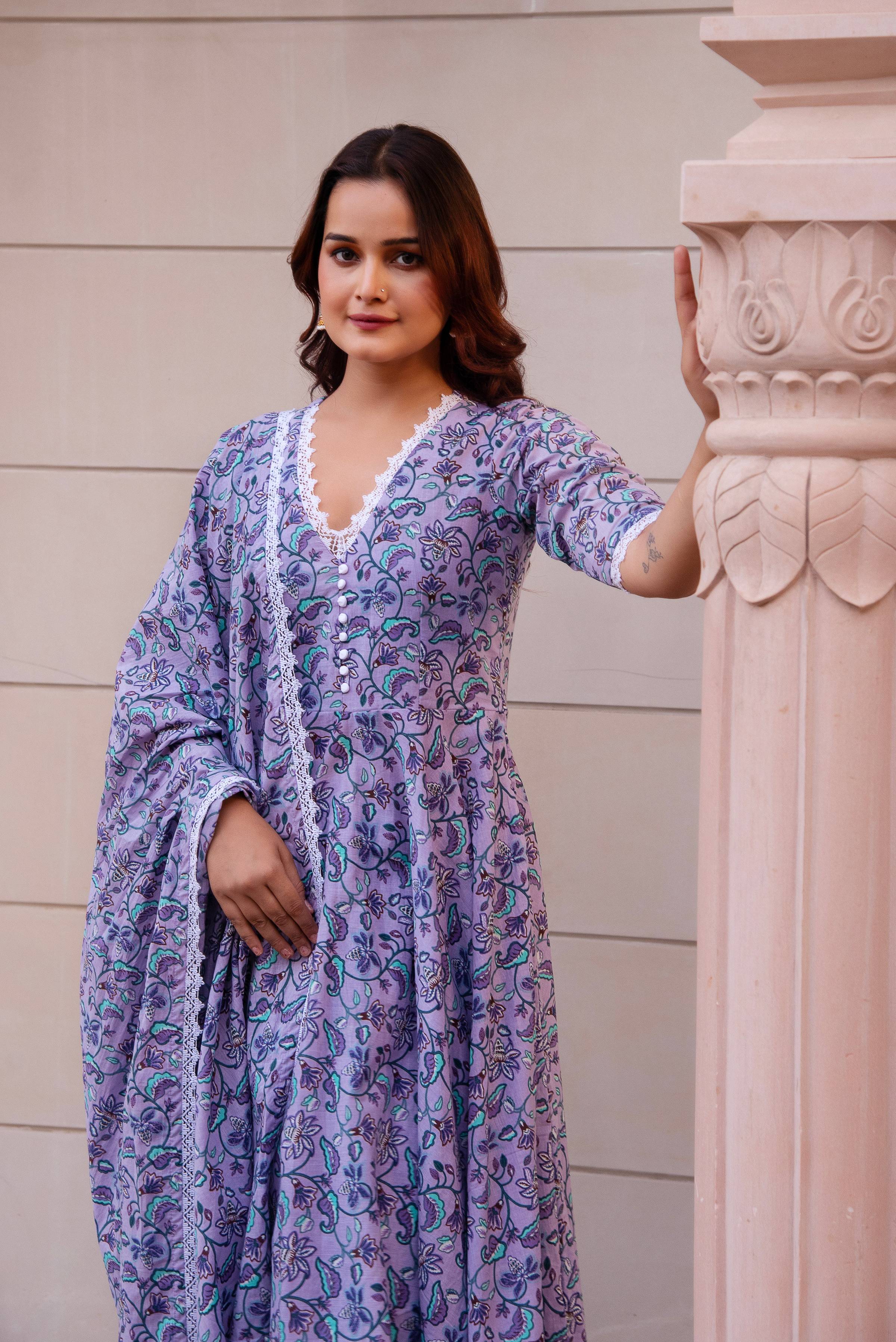 Pomcha Jaipur Kapas Lavender Floral Lace Anarkali Set - Distacart