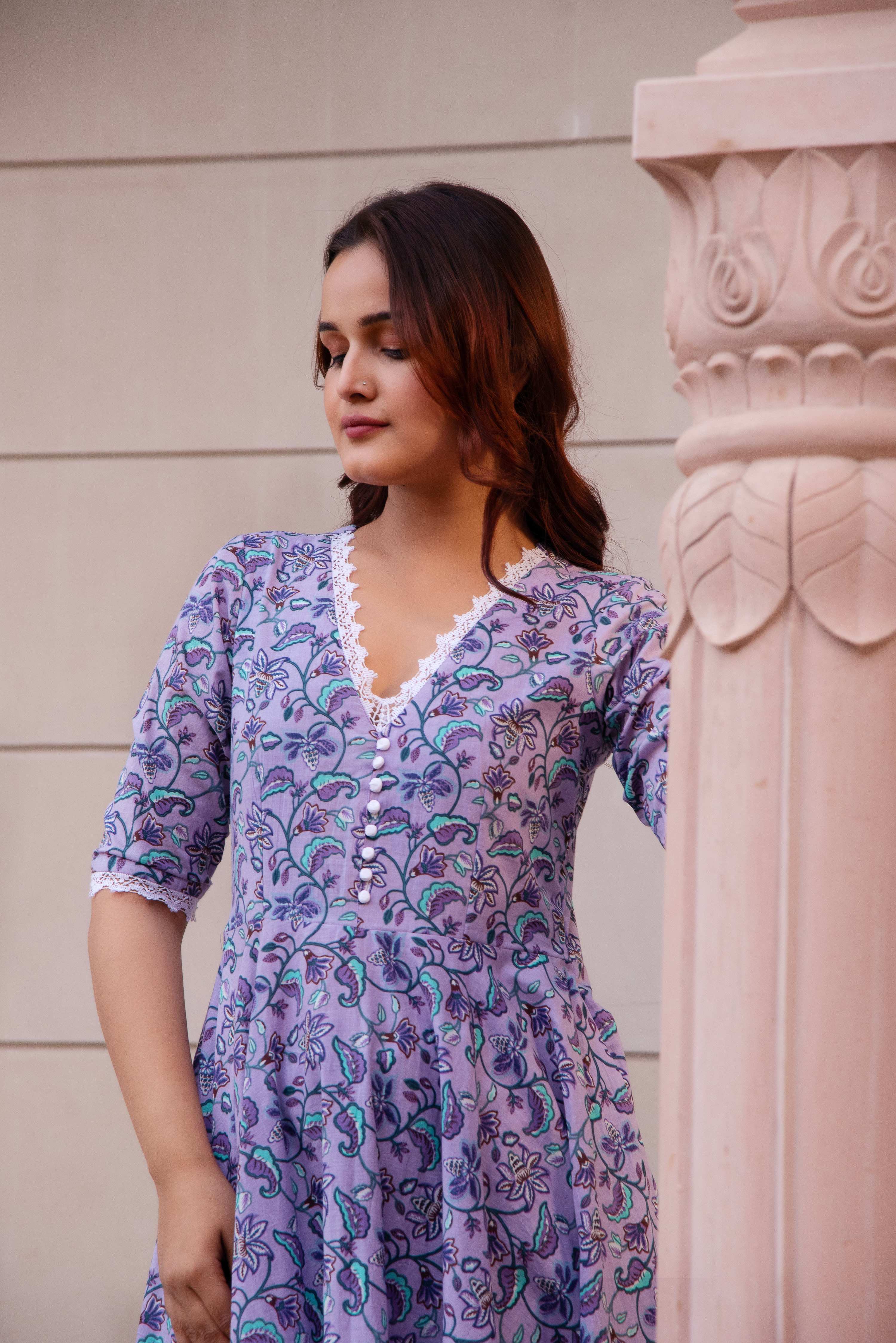 Pomcha Jaipur Kapas Lavender Floral Lace Anarkali Set - Distacart