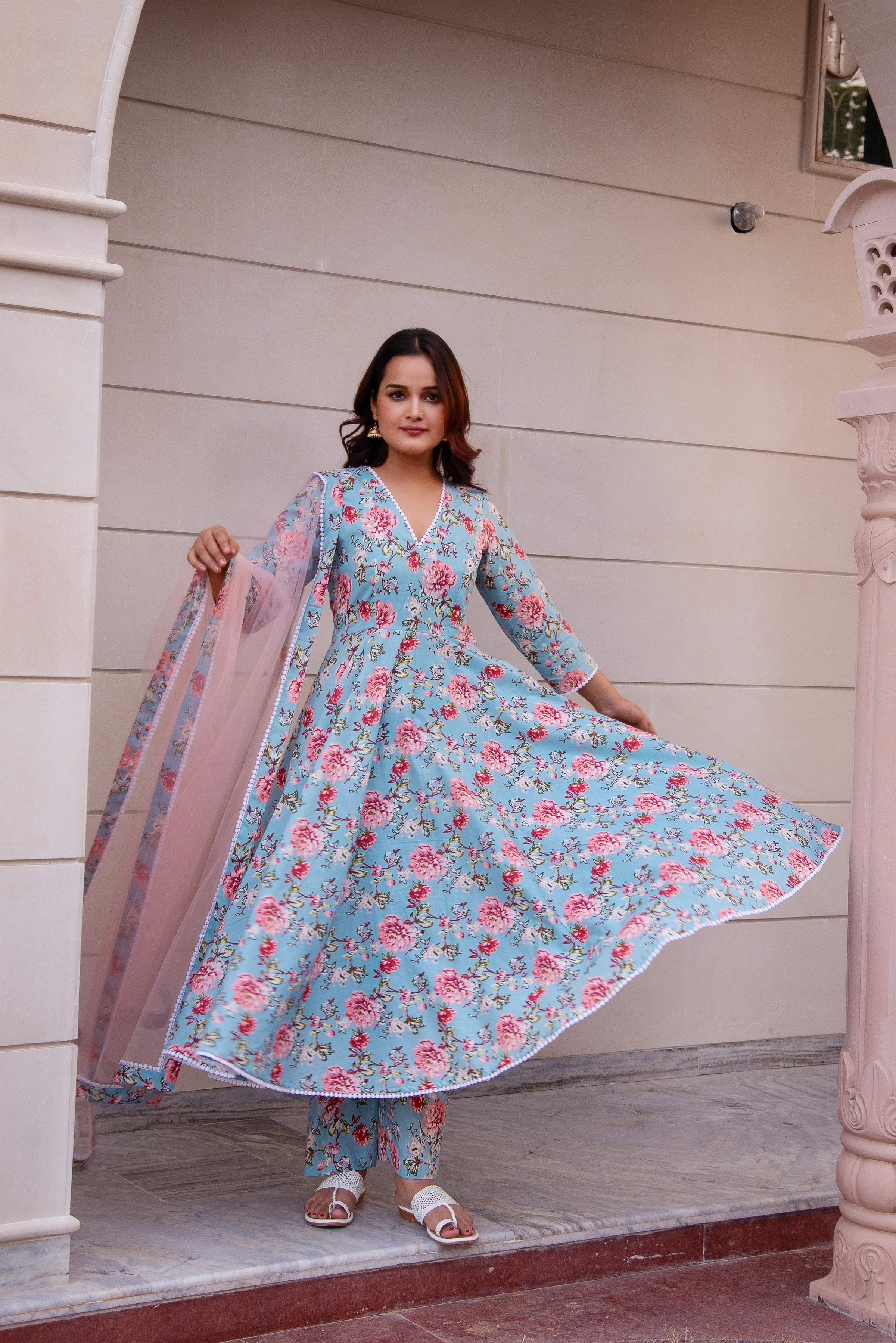 Pomcha Jaipur Kapas Blue Floral Lace Anarkali Set - Distacart