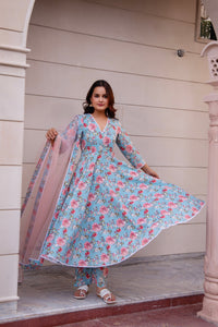 Thumbnail for Pomcha Jaipur Kapas Blue Floral Lace Anarkali Set