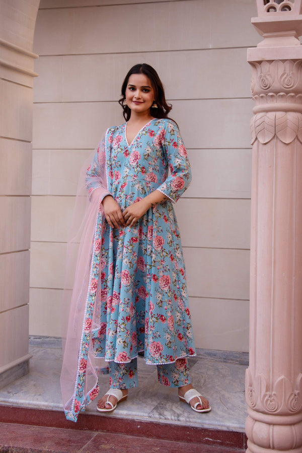 Pomcha Jaipur Kapas Blue Floral Lace Anarkali Set - Distacart