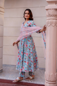 Thumbnail for Pomcha Jaipur Kapas Blue Floral Lace Anarkali Set