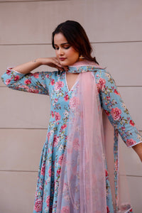 Thumbnail for Pomcha Jaipur Kapas Blue Floral Lace Anarkali Set