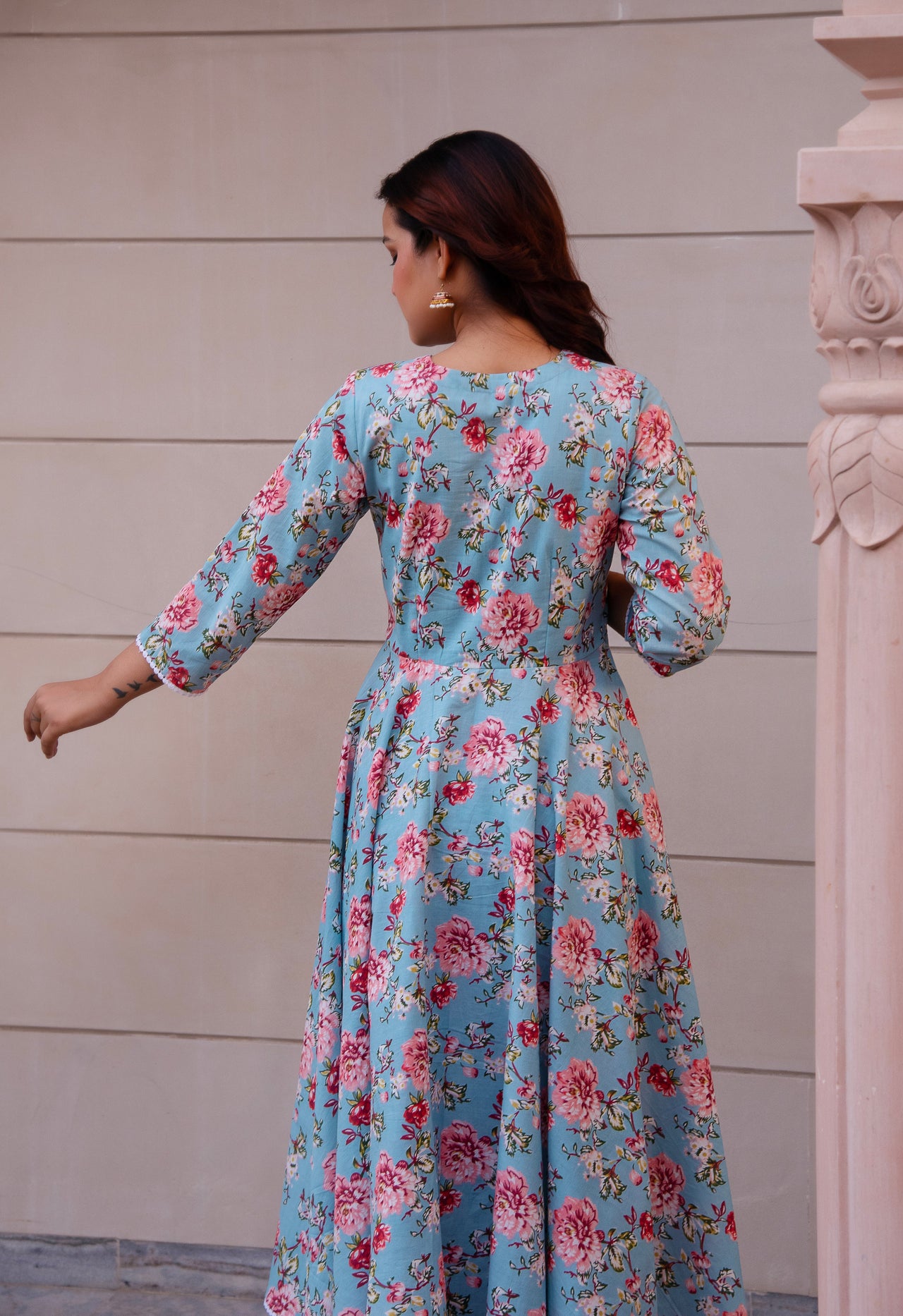 Pomcha Jaipur Kapas Blue Floral Lace Anarkali Set