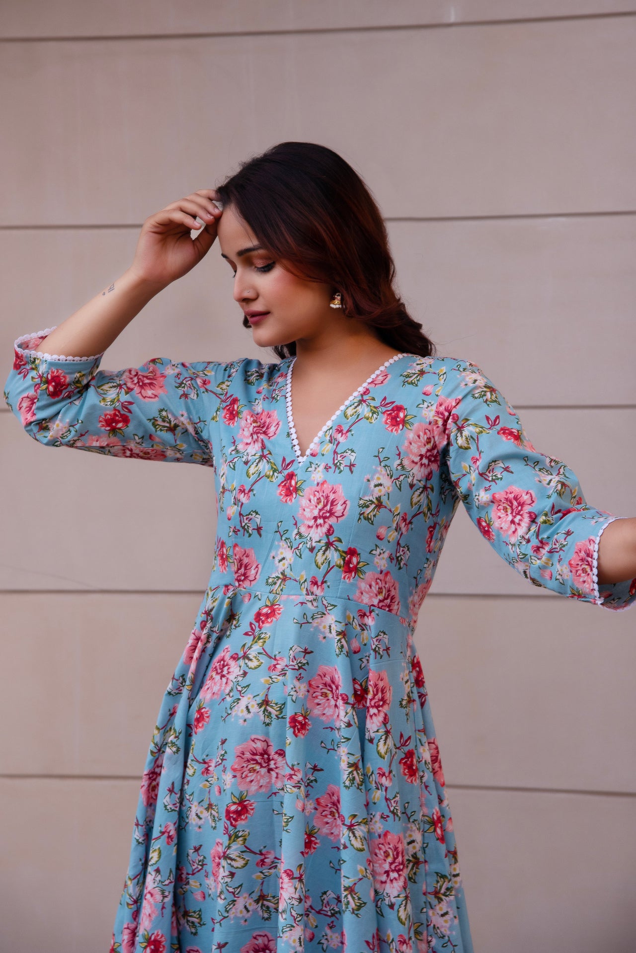 Pomcha Jaipur Kapas Blue Floral Lace Anarkali Set