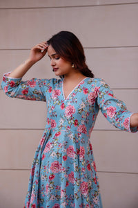 Thumbnail for Pomcha Jaipur Kapas Blue Floral Lace Anarkali Set