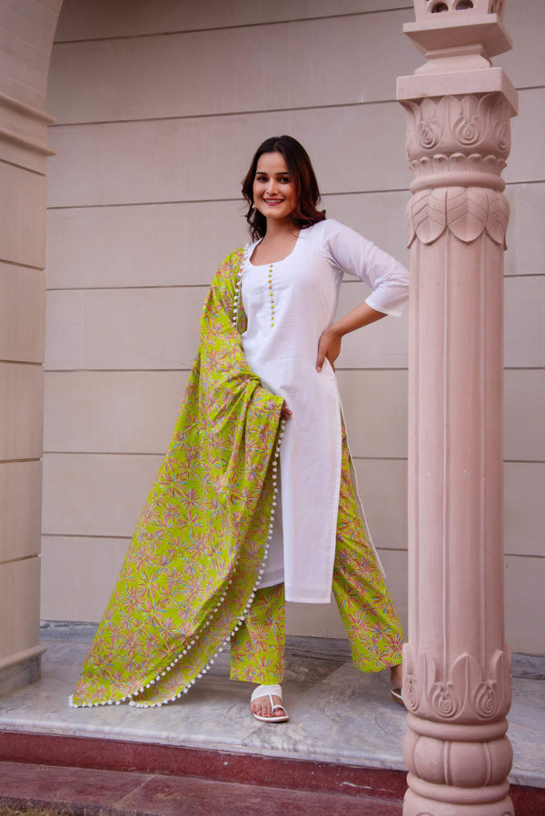 Pomcha Jaipur Kapas Green White Suit Set - Distacart
