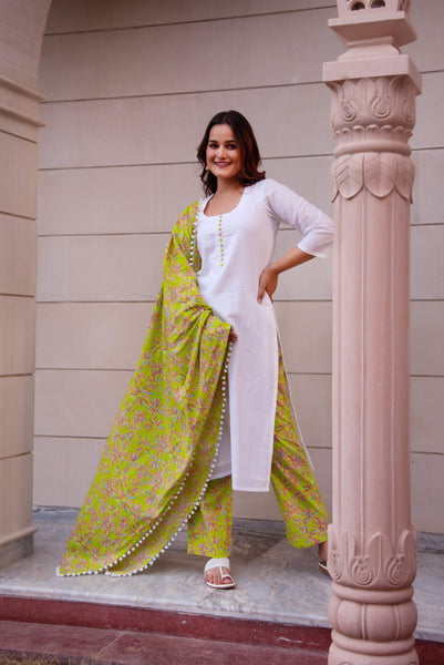 Pomcha Jaipur Kapas Green White Suit Set - Distacart