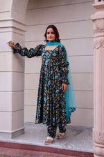 Thumbnail for Pomcha Jaipur Kapas Blue Printed Puff Full Sleeve Anarkali Set - Distacart