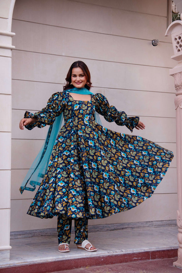 Pomcha Jaipur Kapas Blue Printed Puff Full Sleeve Anarkali Set - Distacart