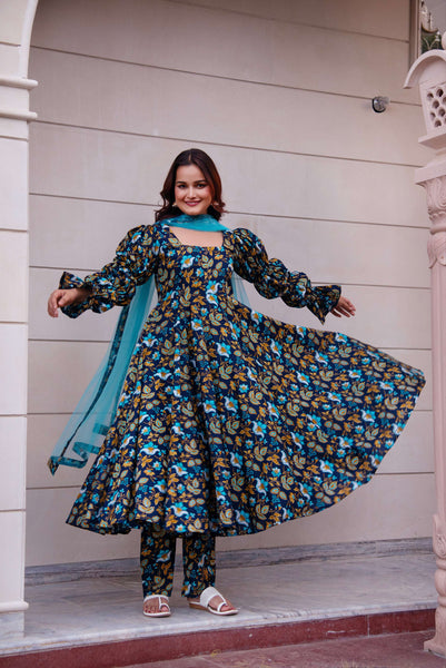 Pomcha Jaipur Kapas Blue Printed Puff Full Sleeve Anarkali Set - Distacart