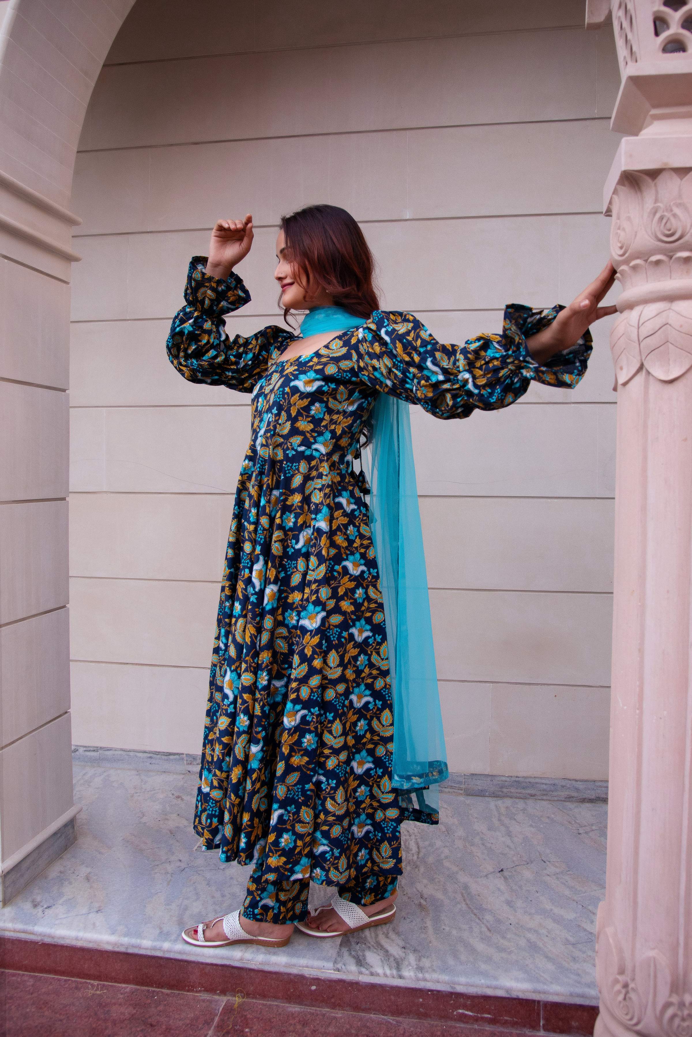 Pomcha Jaipur Kapas Blue Printed Puff Full Sleeve Anarkali Set - Distacart