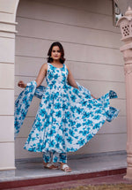 Thumbnail for Pomcha Jaipur Kapas Blue Lily Sleeveless Anarkali Set - Distacart