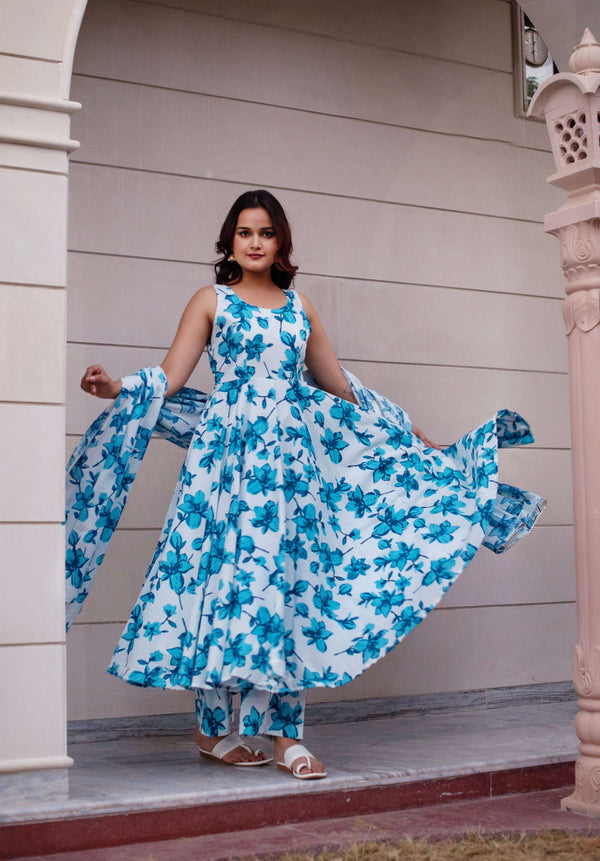 Pomcha Jaipur Kapas Blue Lily Sleeveless Anarkali Set - Distacart
