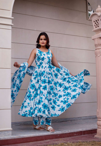 Pomcha Jaipur Kapas Blue Lily Sleeveless Anarkali Set - Distacart