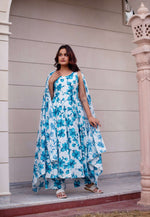 Thumbnail for Pomcha Jaipur Kapas Blue Lily Sleeveless Anarkali Set - Distacart