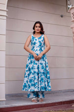 Thumbnail for Pomcha Jaipur Kapas Blue Lily Sleeveless Anarkali Set - Distacart