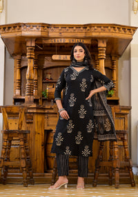 Thumbnail for NOZ2TOZ Women Black And White Printed Viscose Rayon Kurta, Pant And Dupatta Set