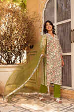 Thumbnail for Pomcha Jaipur Gaurangi Floral Print Cotton Green Suit Set - Distacart