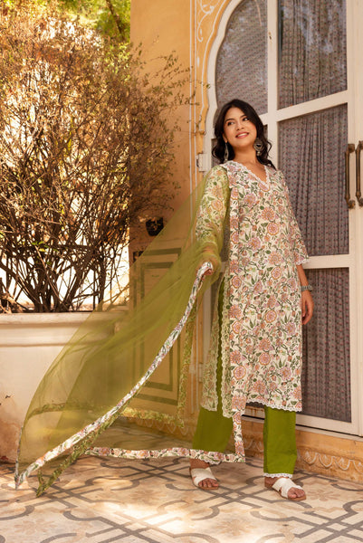 Pomcha Jaipur Gaurangi Floral Print Cotton Green Suit Set - Distacart