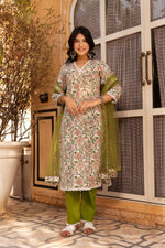 Thumbnail for Pomcha Jaipur Gaurangi Floral Print Cotton Green Suit Set - Distacart