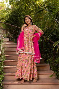 Thumbnail for Pomcha Jaipur Gaurangi Peach Cotton Floral Sharara Set