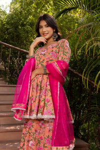 Thumbnail for Pomcha Jaipur Gaurangi Peach Cotton Floral Sharara Set