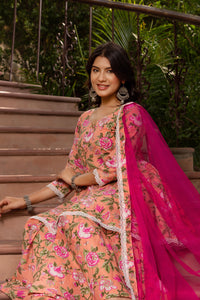 Thumbnail for Pomcha Jaipur Gaurangi Peach Cotton Floral Sharara Set