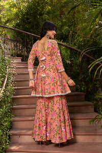Thumbnail for Pomcha Jaipur Gaurangi Peach Cotton Floral Sharara Set