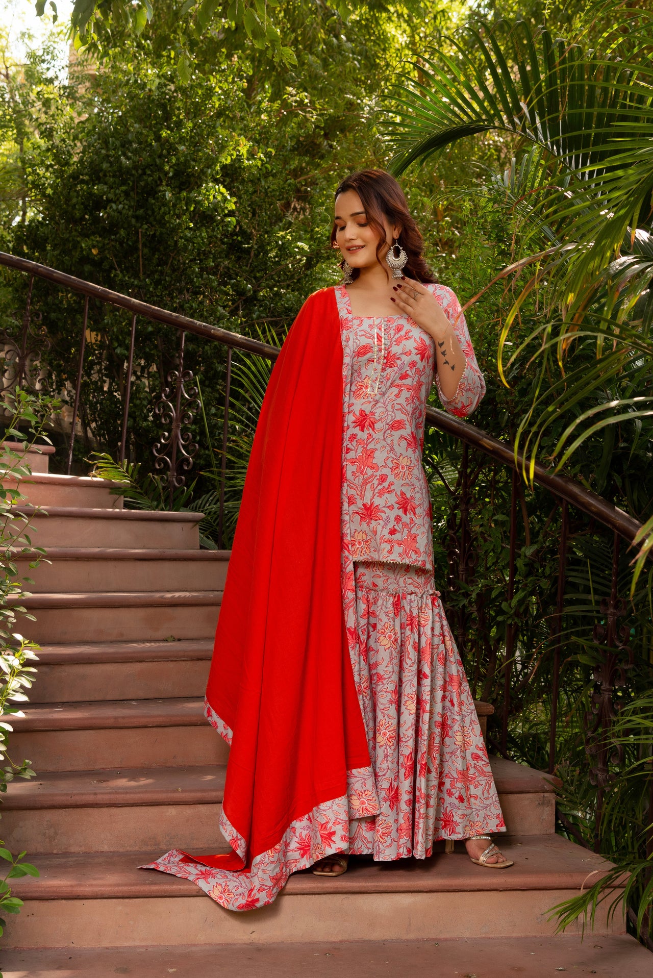Pomcha Jaipur Gaurangi Powder Blue Floral Print Cotton Sharara Set