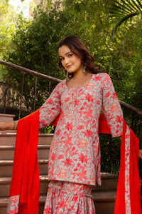 Thumbnail for Pomcha Jaipur Gaurangi Powder Blue Floral Print Cotton Sharara Set