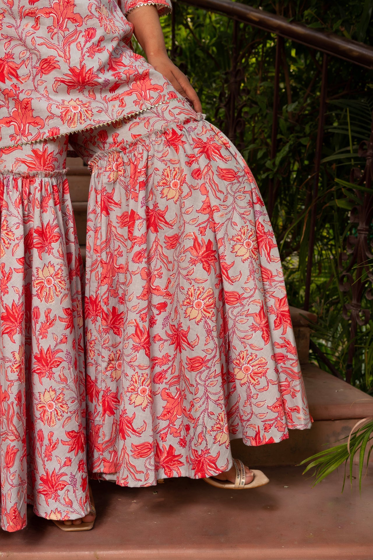 Pomcha Jaipur Gaurangi Powder Blue Floral Print Cotton Sharara Set