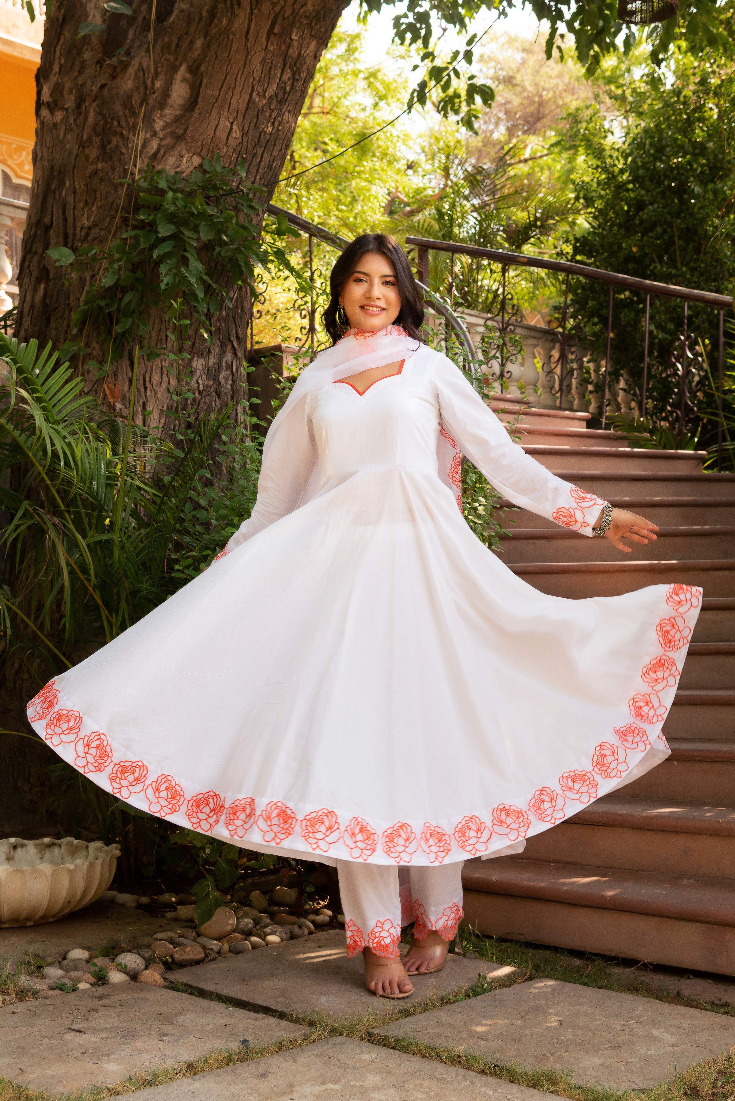 Pomcha Jaipur Gaurangi Orange Embroidery Cotton White Anarkali Set - Distacart